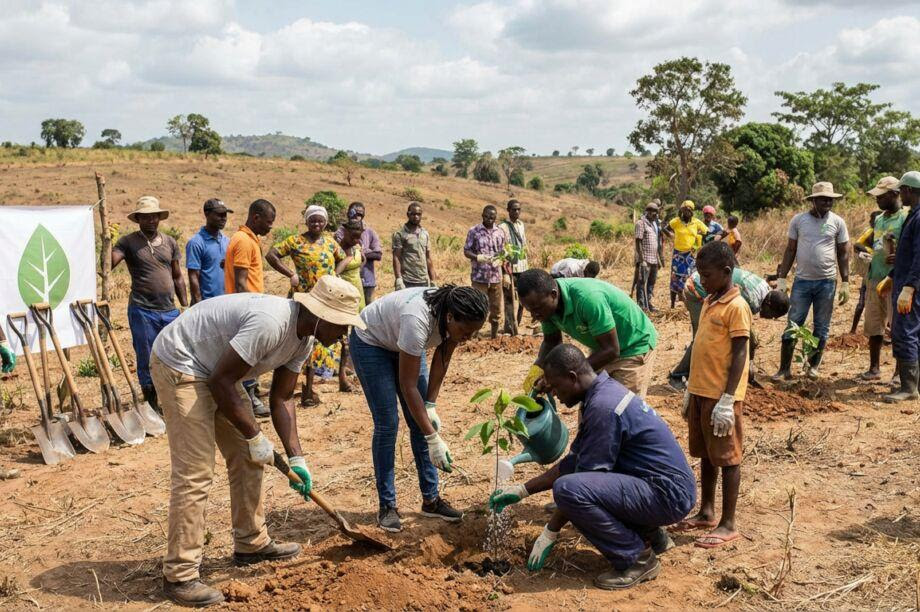 Community members working together to plant trees in a dry landscape